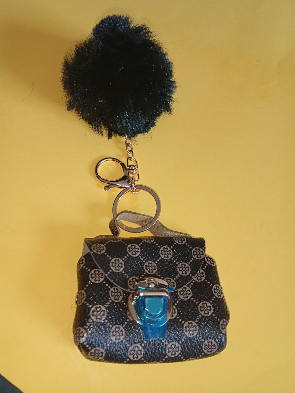 Brown Faux Fur Pom-Pom Keychain with Mini Patterned PU Leather Bag